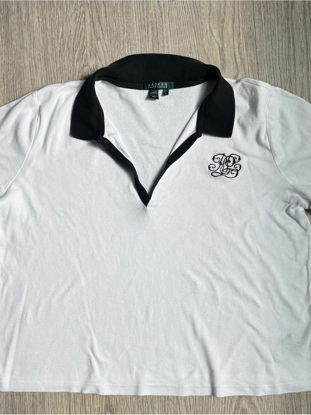 Lauren Ralph Lauren White Polo with Black Collar and Embroidered Chest Monogram